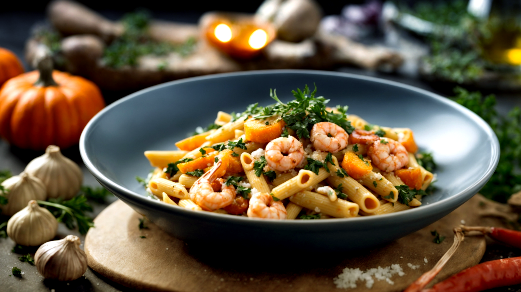 Penne rigate gamberetti zucca"
