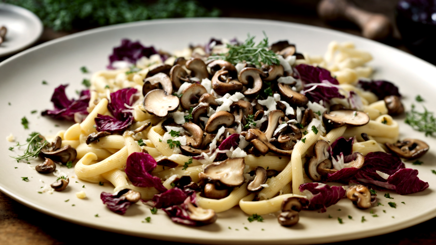 Pasta funghi radicchio croccante"