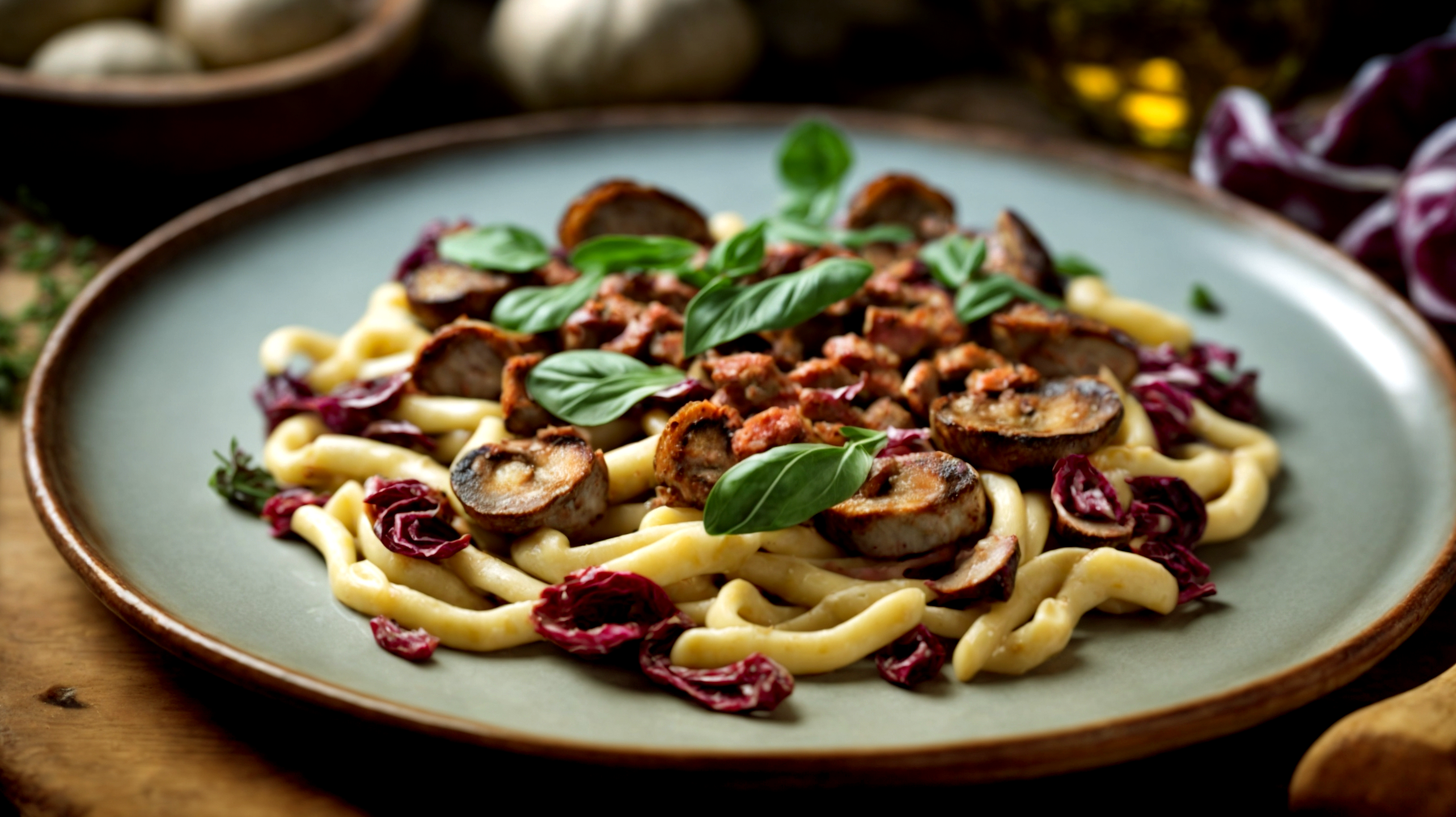 Pennette salsiccia funghi porcini radicchio"