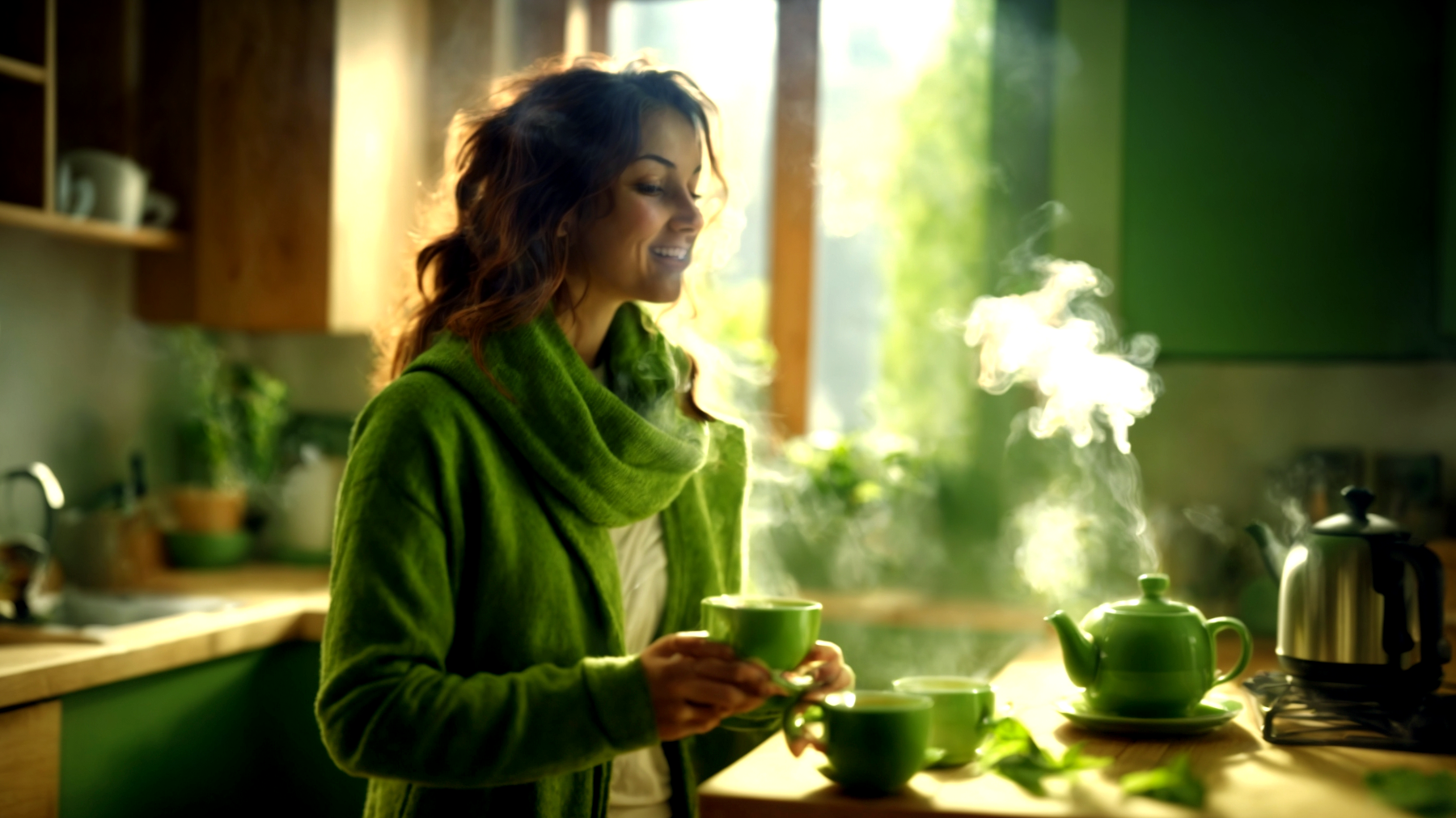 Tazza di tè verde foglie di tè verde vapore"