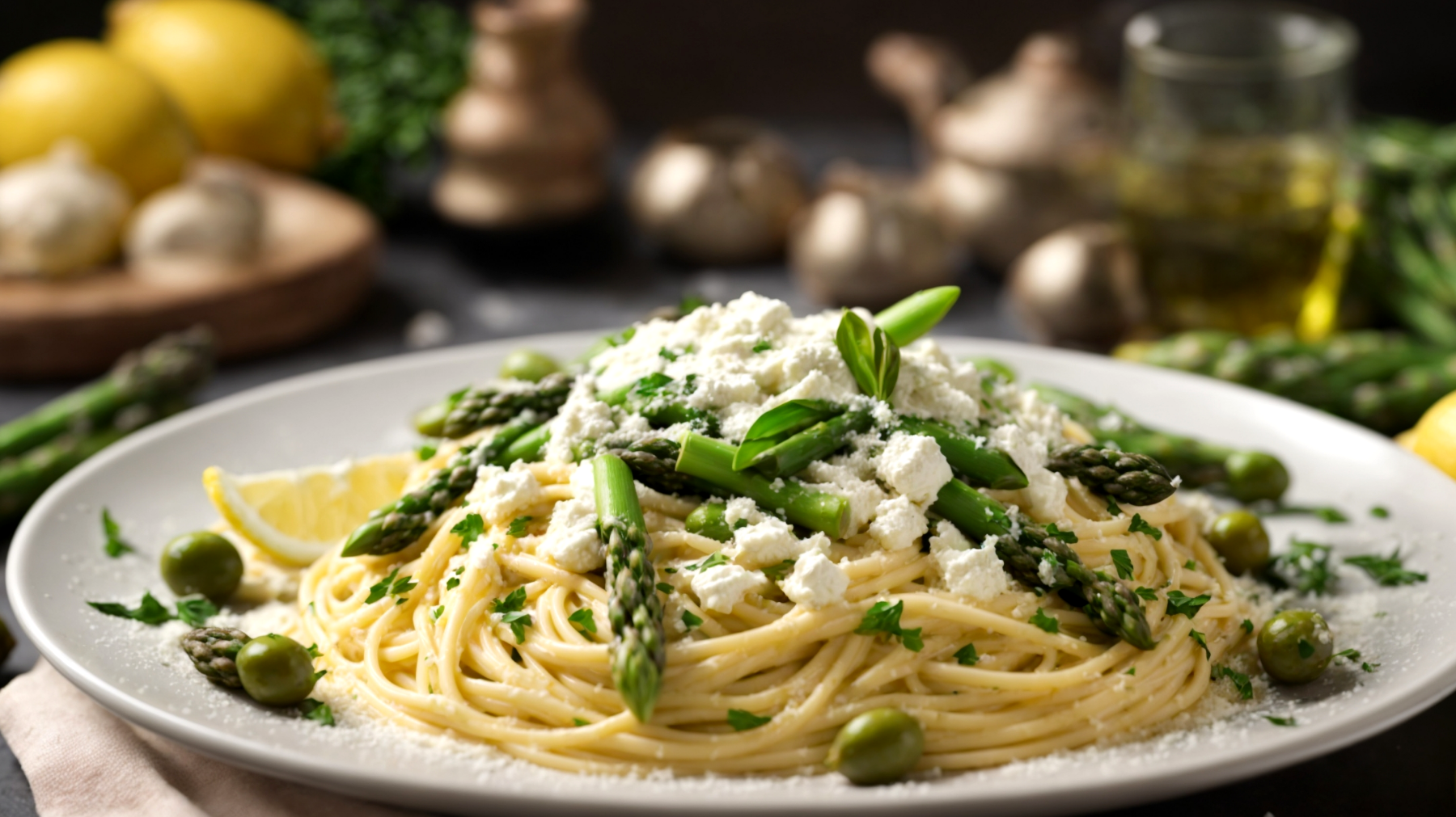 Spaghetti Vesuvio asparagi ricotta"